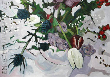 stilleven boeket van witte, rode en blauwe bloemen